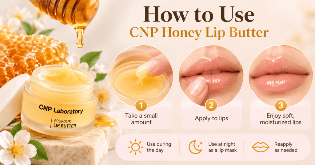 https://chatgpt.com/g/g-p-6a80df8cd58481918ef829963cadb81a-kbeauty-buzz/c/6aaf188a-1f8c-83ea-a091-31b8d1455924#:~:text=Step%2Dby%2Dstep%20guide%20showing%20how%20to%20use%20CNP%20Laboratory%20Propolis%20Lip%20Butter.%20The%20honey%2Dinspired%20infographic%20illustrates%20taking%20a%20small%20amount%20of%20balm%2C%20applying%20it%20to%20the%20lips%2C%20and%20enjoying%20soft%2C%20moisturized%20lips.%20Includes%20daytime%20and%20overnight%20lip%20care%20tips.