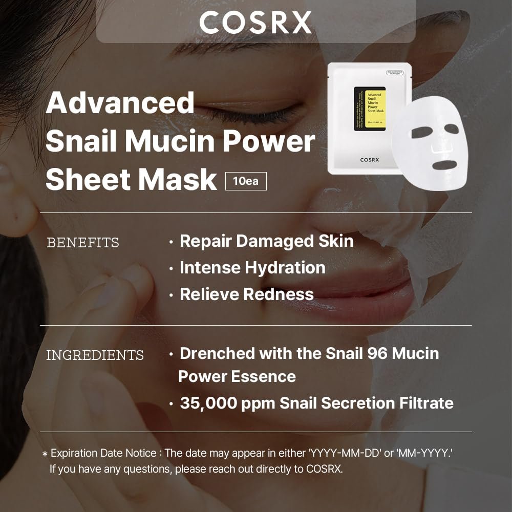 COSRX Snail Mucin Sheet Mask 10 EA with Snail Mucin Serum