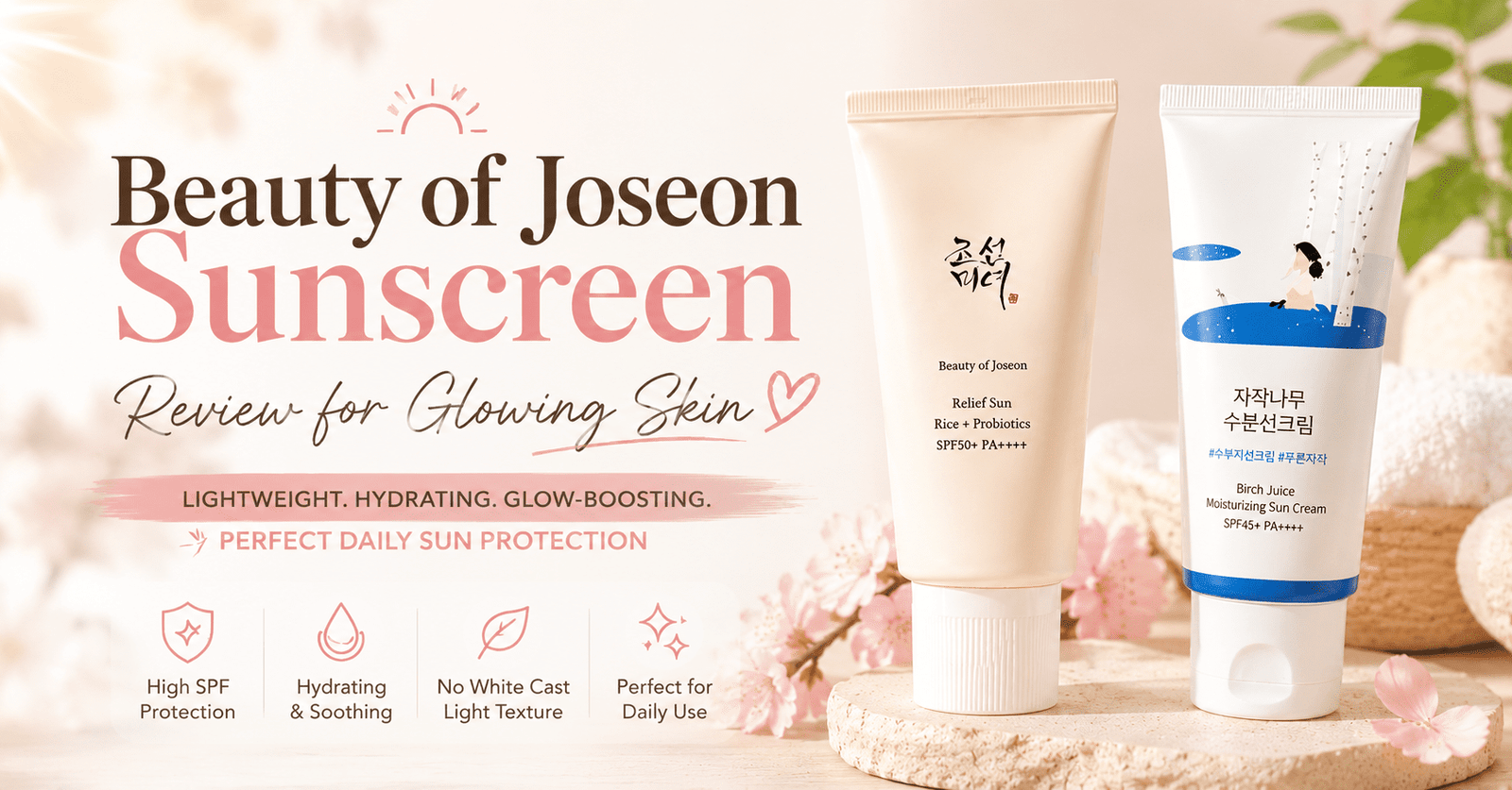 Beauty of Joseon sunscreen products displayed in soft sunlight with Korean skincare aesthetic for glowing hydrated skin and daily SPF protection