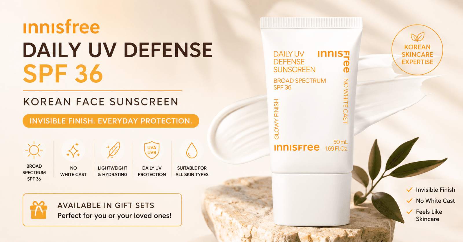 Innisfree Daily UV Defense SPF 36 Korean sunscreen displayed in a warm minimalist skincare aesthetic with lightweight invisible finish and no white cast features