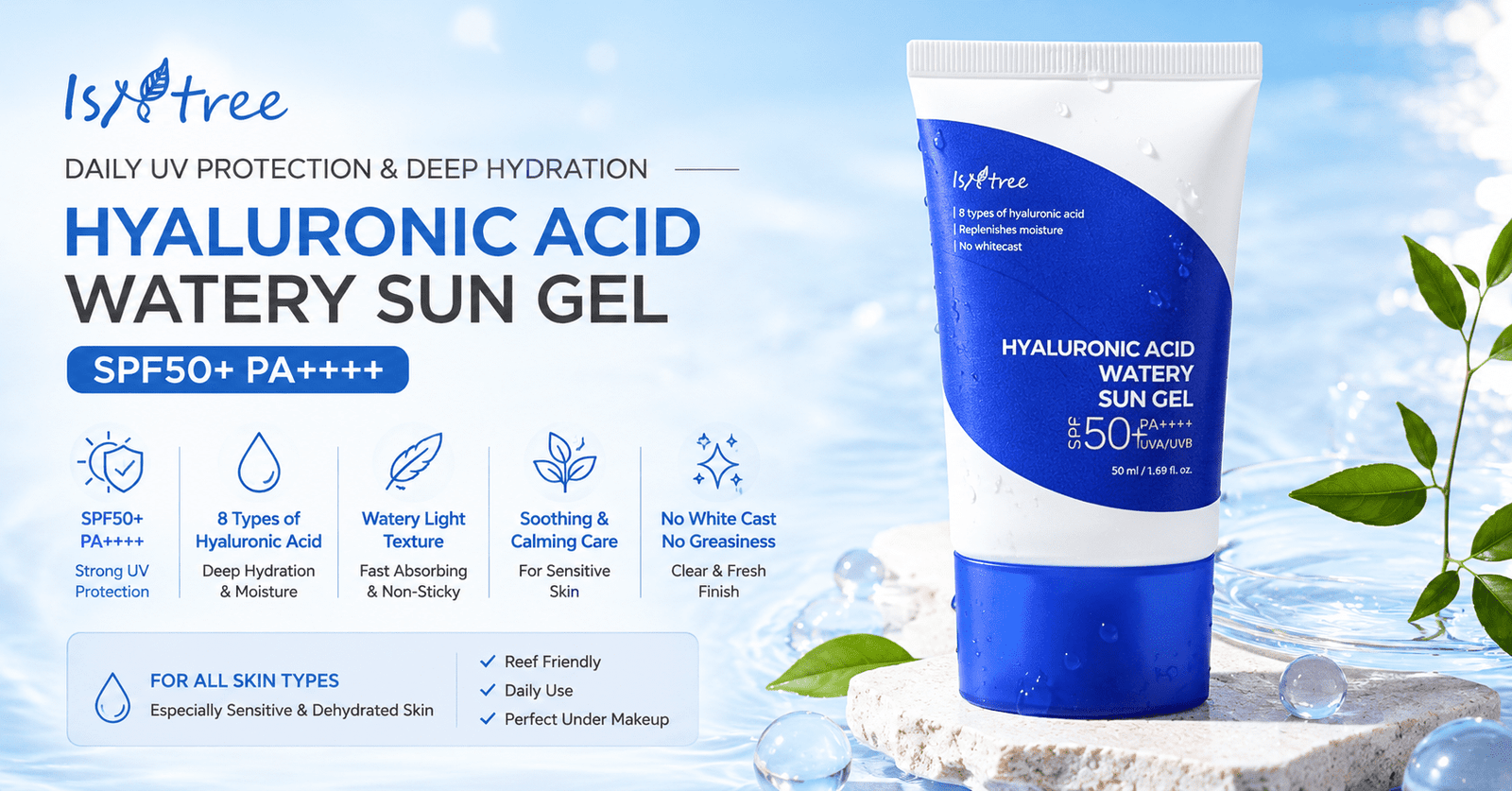 Isntree Hyaluronic Acid Watery Sun Gel SPF50+ displayed in a refreshing Korean skincare water-inspired aesthetic with hydration and lightweight sun protection elements
