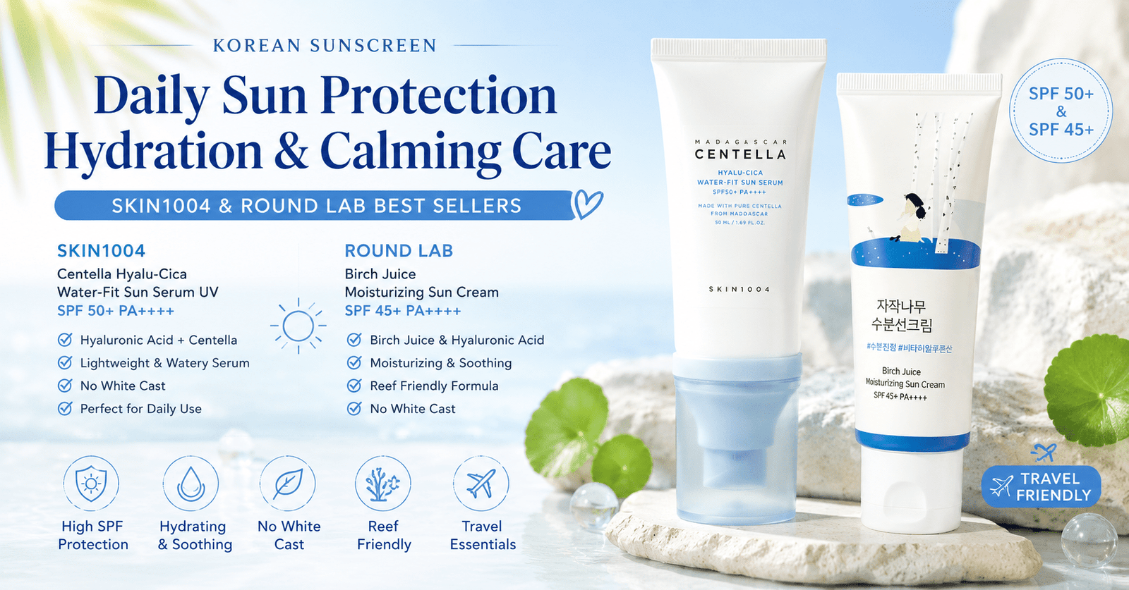 SKIN1004 Centella Hyalu-Cica Water-Fit Sun Serum and Round Lab Birch Juice Moisturizing Sunscreen displayed in a bright Korean skincare summer aesthetic with hydration and SPF protection elements