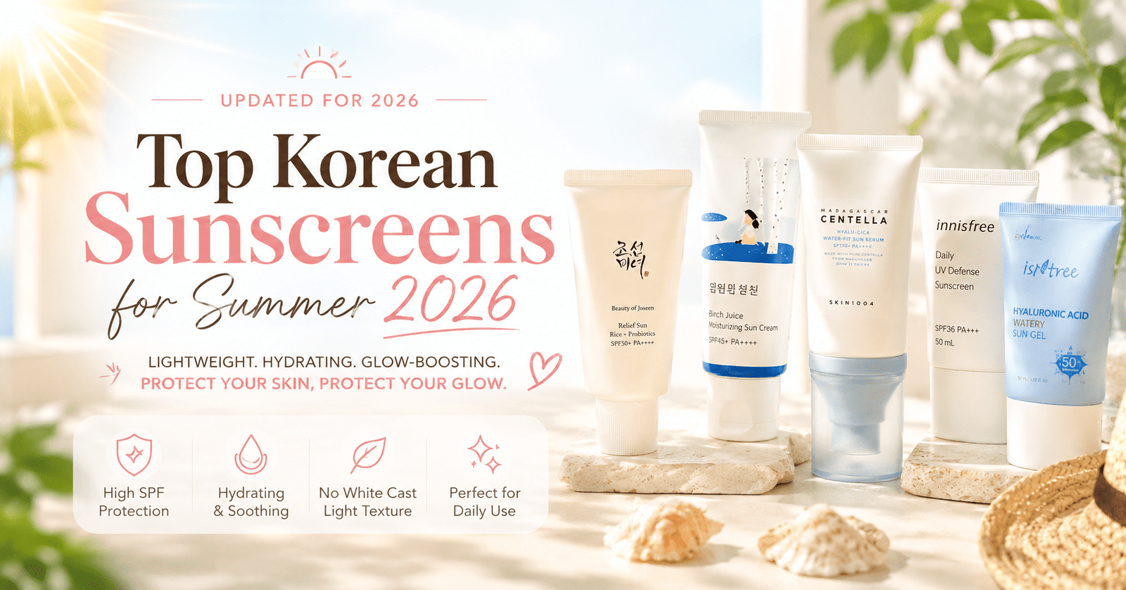 Korean sunscreen products displayed in bright summer sunlight with soft K-beauty aesthetic for glowing protected skin in 2026