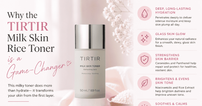 TIRTIR Milk Skin Rice Toner displayed in a soft pastel Korean skincare aesthetic with creamy textures and glowing natural light