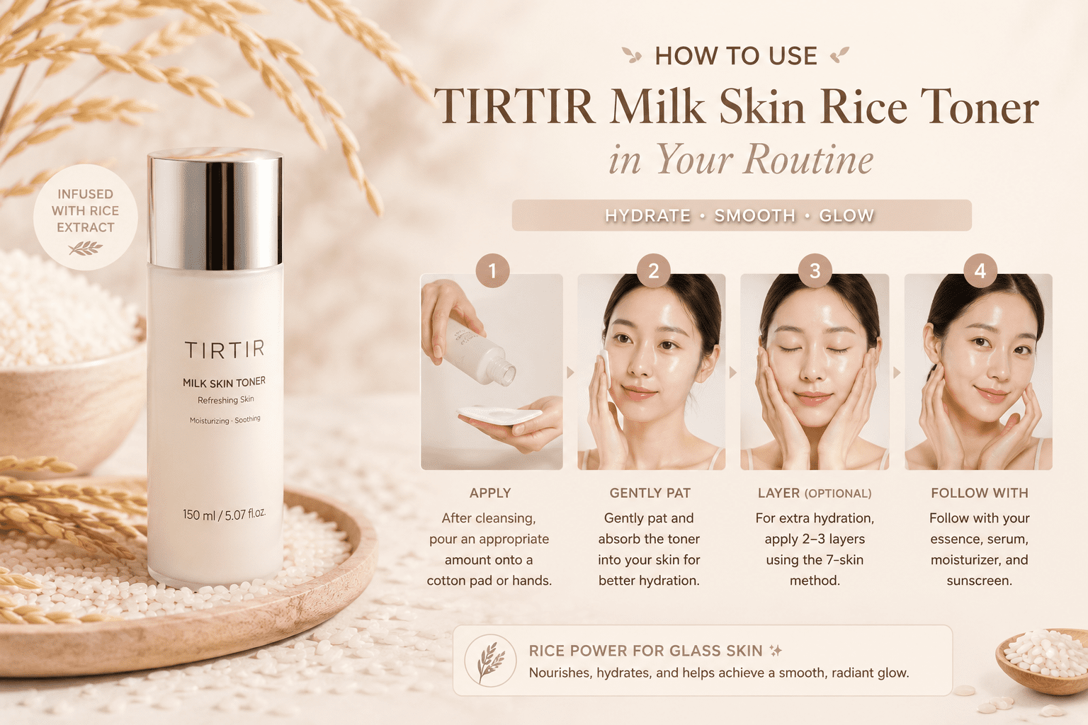 TIRTIR Milk Skin Rice Toner displayed with rice background and step-by-step Korean skincare routine instructions for glowing skin