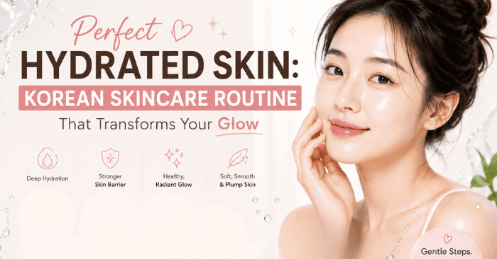 korean skincare routine for hydrated glowing skin featuring korean woman and hydrating skincare products in pastel aesthetic