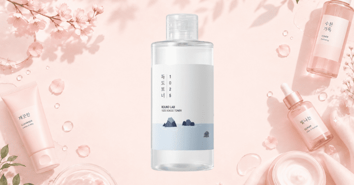 Korean skincare products including toner, serum, cleanser, and moisturizer arranged in a soft pink K-beauty aesthetic with cherry blossoms and glowing skincare elements