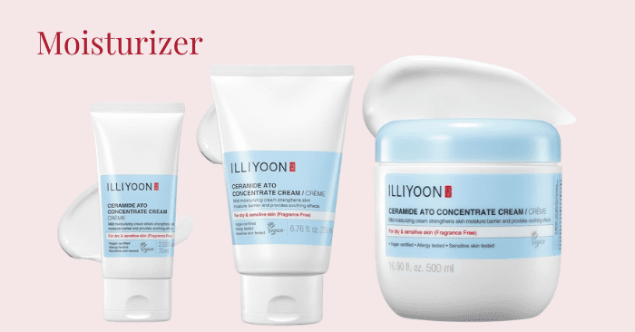 Illiyoon Ceramide Ato Concentrate Cream moisturizer on a soft pastel pink Korean skincare aesthetic background for hydrated glowing skin