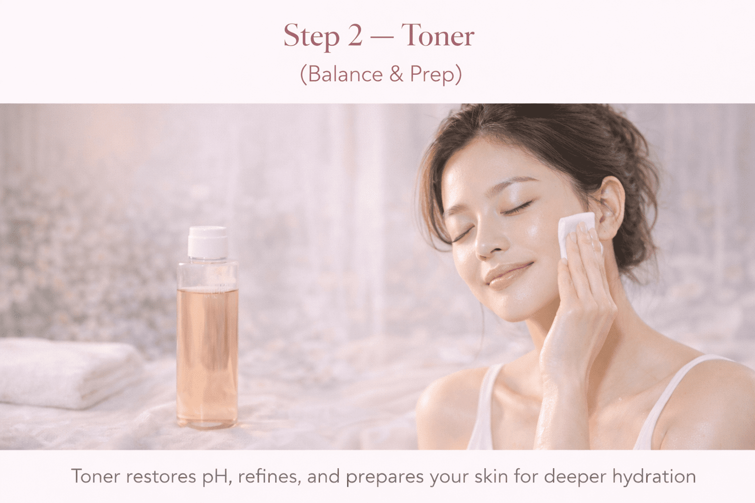 Woman applying toner with a cotton pad on glowing skin as part of a Korean skincare routine to balance pH and prepare for hydration