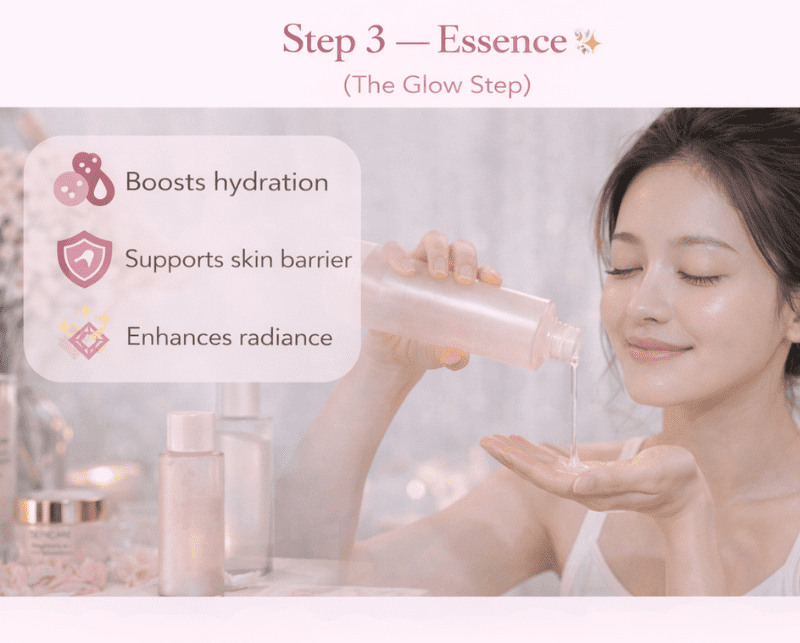 Woman applying Korean essence to her skin to boost hydration and achieve a radiant glass skin glow