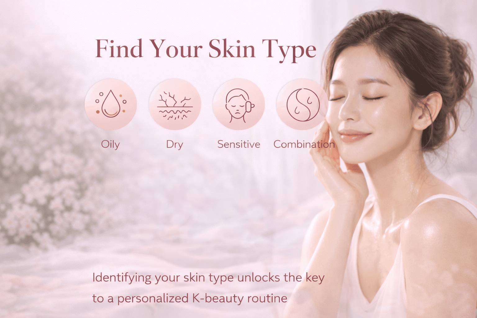 Woman with radiant skin representing different skin types such as oily, dry, sensitive, and combination in a Korean skincare routine