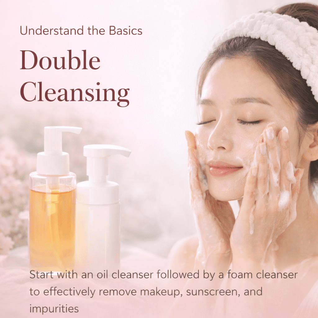 Woman performing Korean double cleansing routine using oil cleanser and foam cleanser to achieve clear and glowing skin