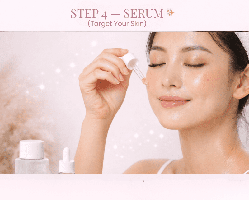 Woman applying facial serum with a dropper on glowing skin as part of a Korean skincare routine to target specific skin concerns