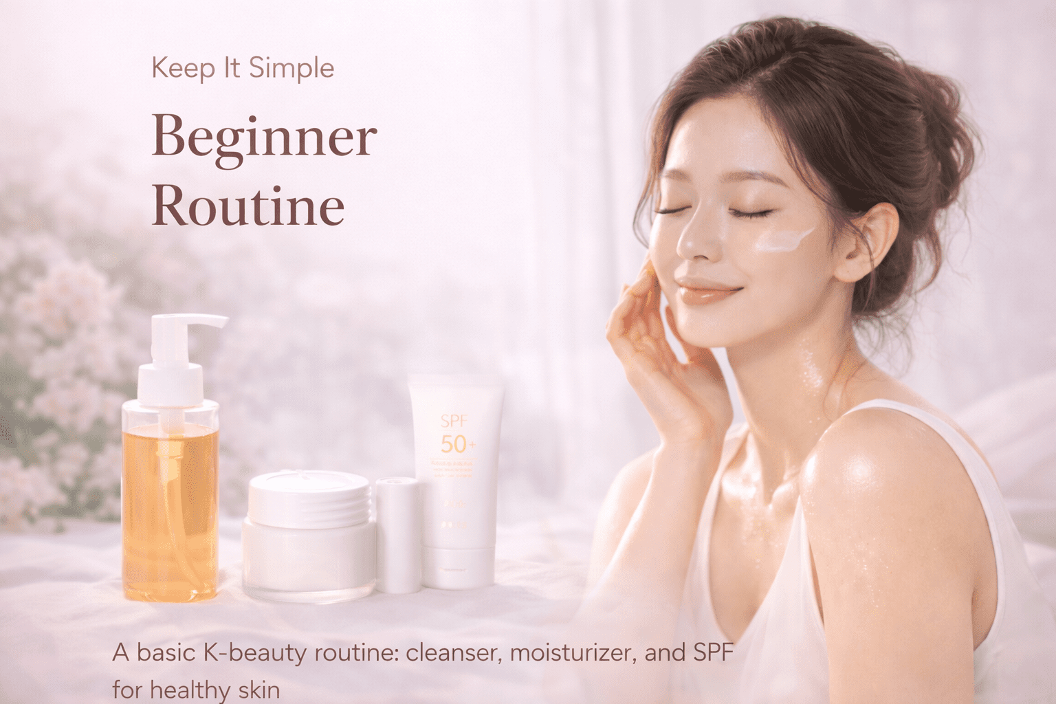 Woman applying moisturizer with glowing skin alongside minimal Korean skincare products including cleanser, moisturizer, and sunscreen for a simple routine