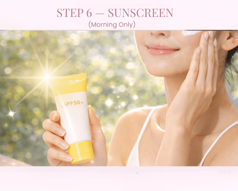 Woman applying sunscreen on glowing skin in bright sunlight as part of a Korean morning skincare routine to protect against UV damage