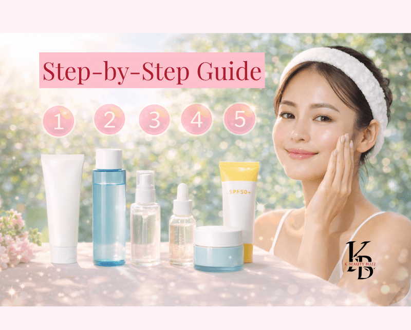 Woman with glowing skin surrounded by Korean skincare products representing a step-by-step routine for radiant glass skin