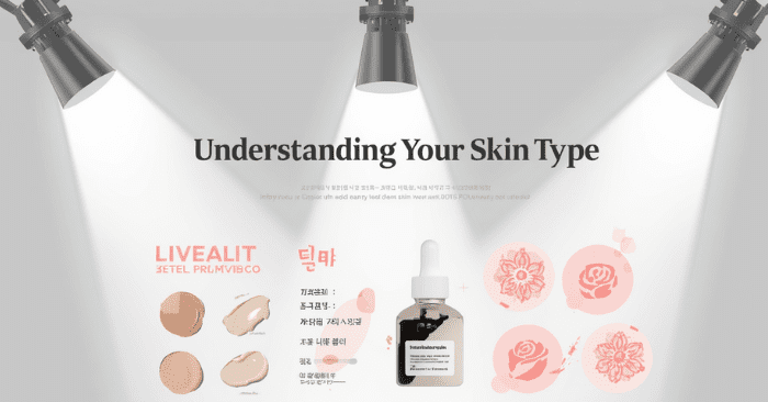 Minimalist Korean skincare infographic explaining different skin types including oily, dry, combination, normal, and sensitive skin with soft pastel beauty aesthetic and serum bottle