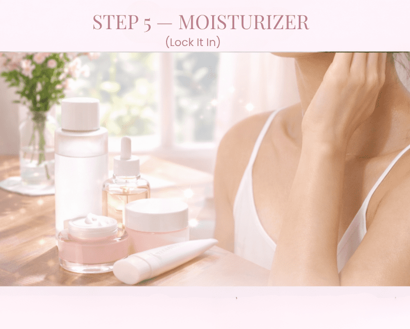 Woman applying moisturizer on glowing skin near a window with natural sunlight and flowers as part of a Korean skincare routine