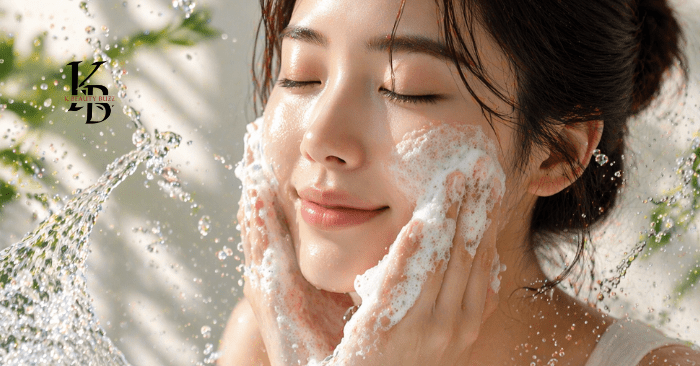 A Korean women washing her face with Ga gentle Cleanser for Healthy Skin