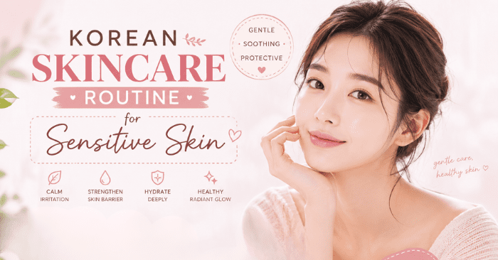 korean skincare routine for sensitive skin featuring soothing hydrating skincare products and glowing healthy skin aesthetic