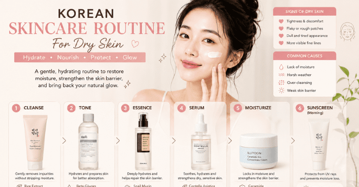 korean skincare routine infographic for dry skin featuring hydrating korean skincare products and glowing healthy skin aesthetic