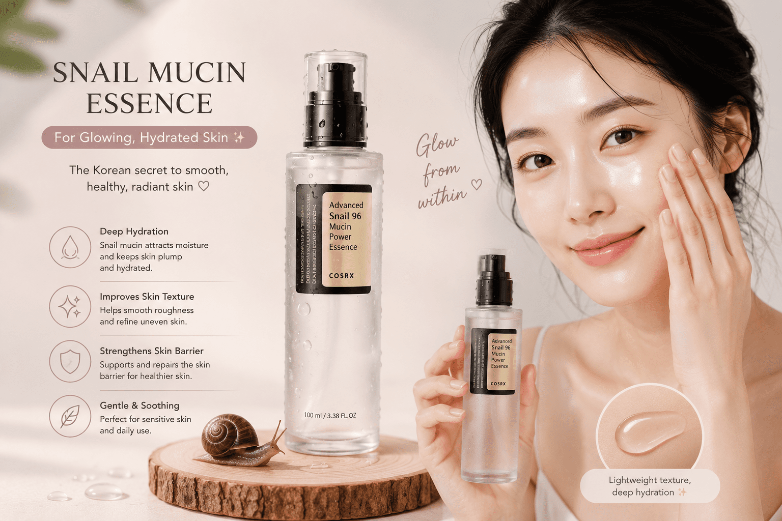 korean woman using snail mucin essence for glowing hydrated skin in korean skincare routine ✨