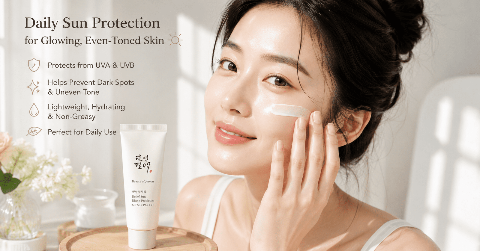 korean woman applying sunscreen for glowing skin and protection against uneven skin tone in soft skincare aesthetic