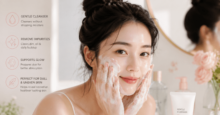 korean woman using gentle facial cleanser for dull and uneven skin with glowing skincare aesthetic