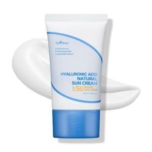 Isntree Hyaluronic Acid Watery Sun Gel SPF50+ displayed in a refreshing blue Korean skincare aesthetic with water droplets, hydration elements, and lightweight daily sun protection