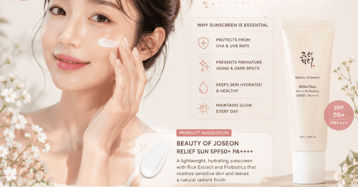 korean woman applying Beauty of Joseon Relief Sun SPF50+ sunscreen for glowing skin and daily sun protection