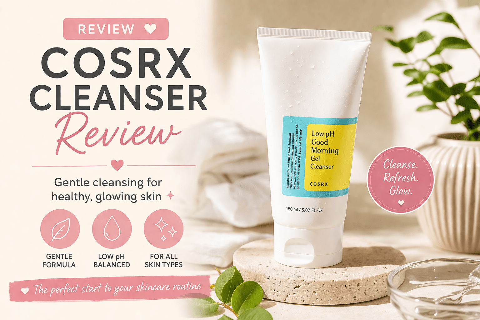 cosrx low ph good morning gel cleanser displayed in minimal skincare setup for gentle cleansing and glowing skin