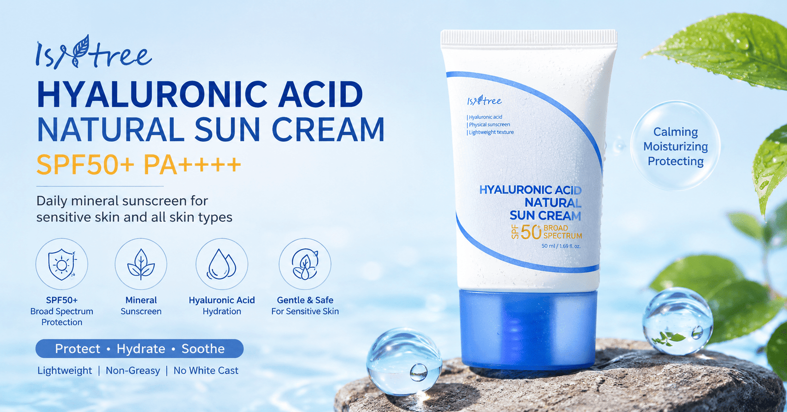 ISNTREE Hyaluronic Acid Natural Sun Cream SPF50+ Korean mineral sunscreen displayed in a hydrating blue skincare aesthetic for sensitive skin and daily sun protection