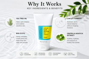 cosrx low ph cleanser key ingredients including tea tree oil bha and centella asiatica for gentle cleansing and glowing skin