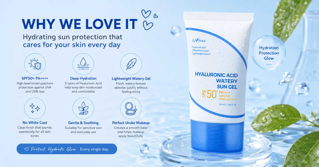 Isntree Hyaluronic Acid Watery Sun Gel SPF50+ displayed in a refreshing blue Korean skincare aesthetic highlighting hydration, sun protection, lightweight texture, and no white cast benefits